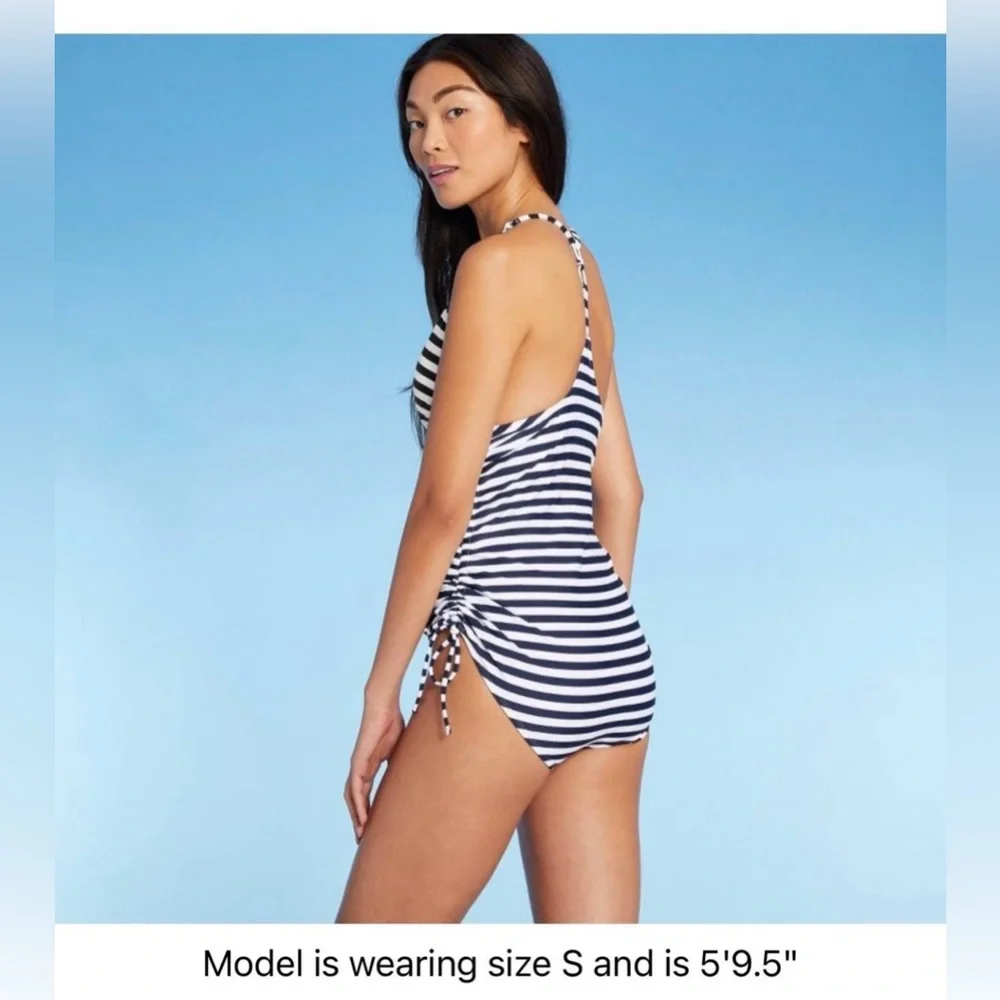 NEW Target women one piece white & navy blue stripe swimsuit swimwear size S - Picture 2 of 9
